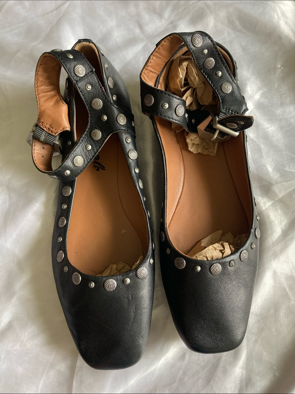 Free People Black Studded Mary Jane Mules with Ankle Strap